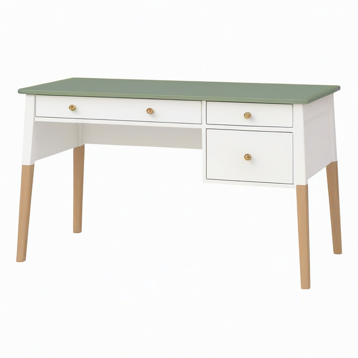 Bureau 120 x 60 cm en bois blanc et vert avec 3 tiroirs style scandinave