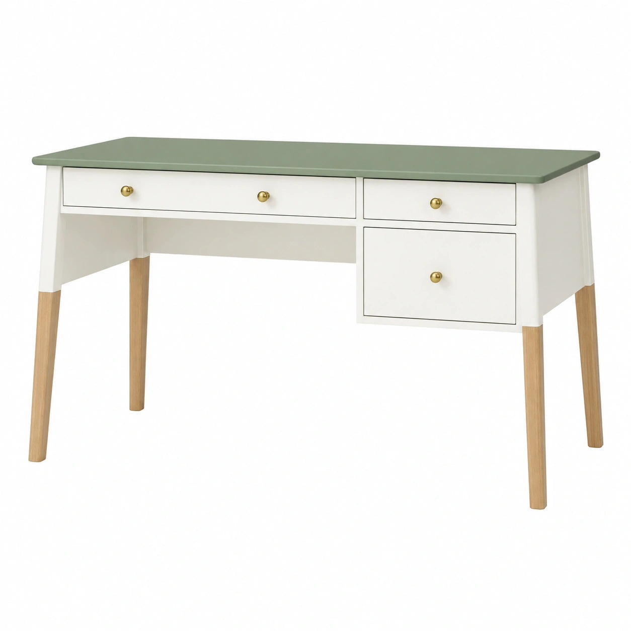 Bureau 120 x 60 cm en bois blanc et vert avec 3 tiroirs style scandinave
