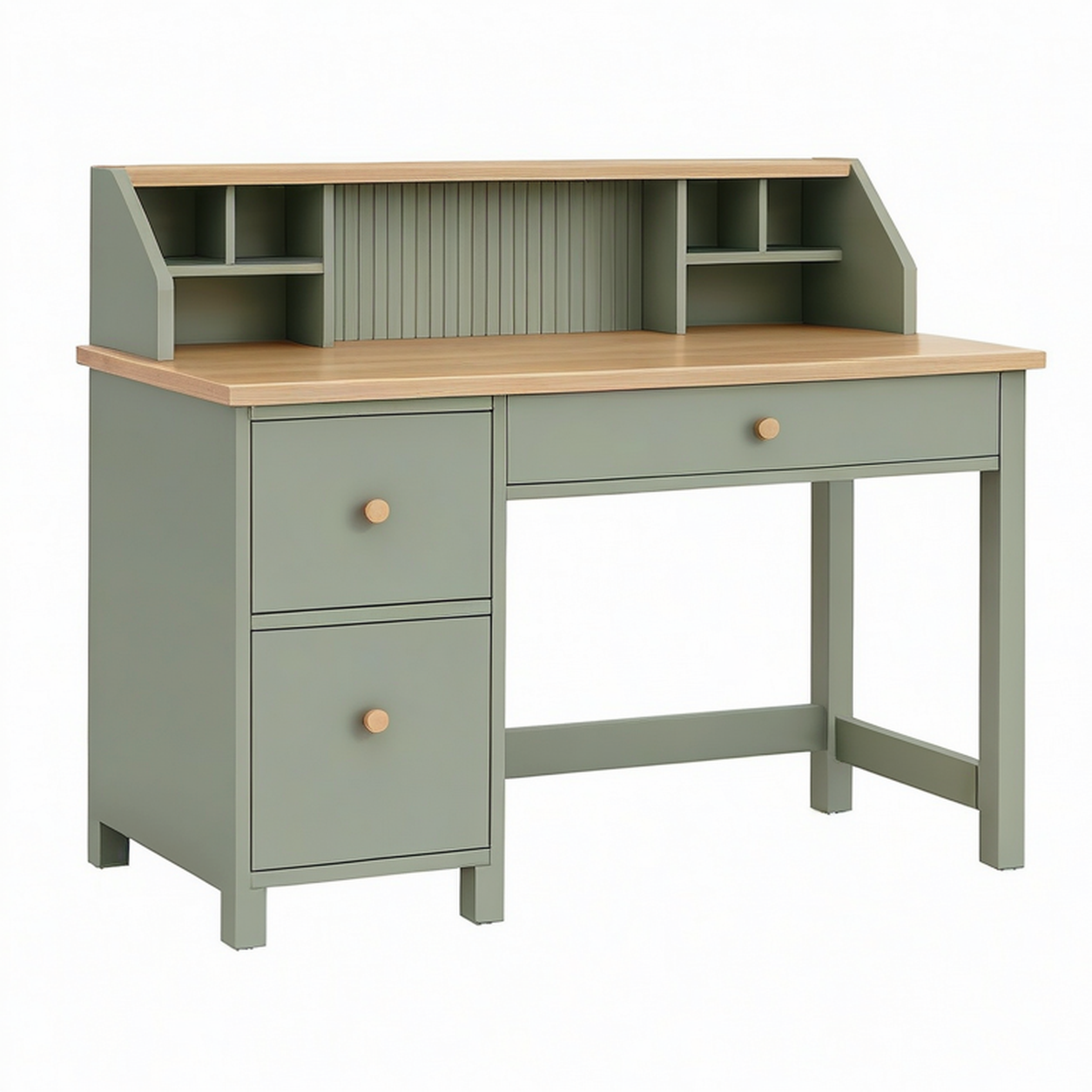 Bureau avec rangement 120 cm en bois vert sauge et naturel - 3 tiroirs style scandinave