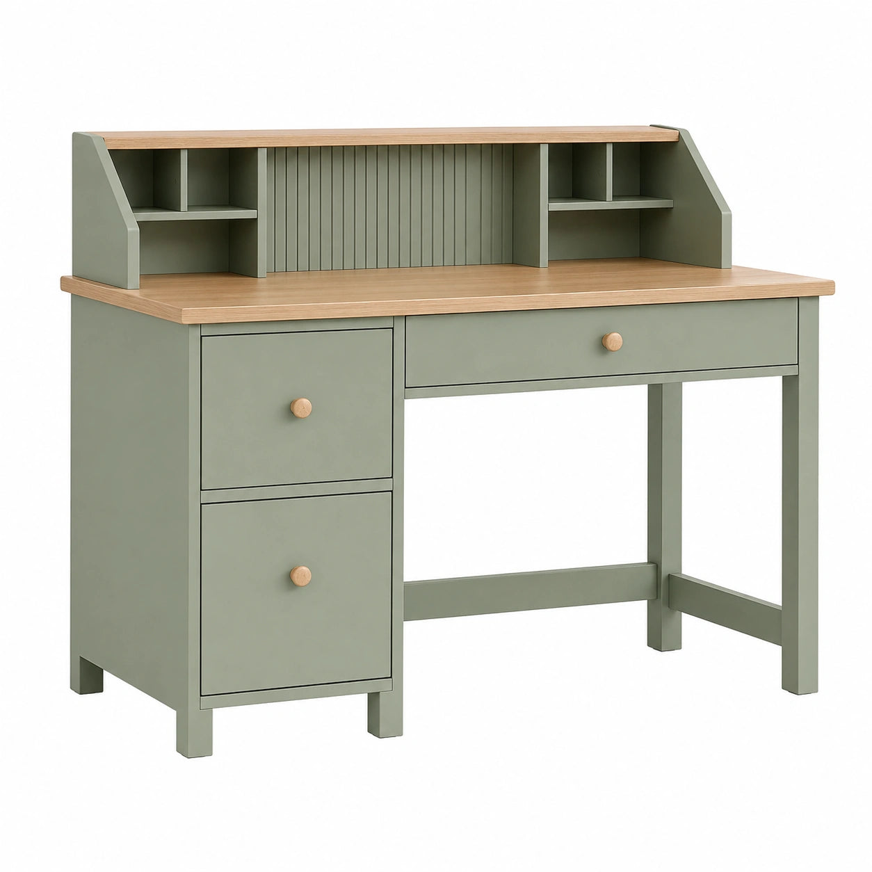 Bureau avec rangement 120 cm en bois vert sauge et naturel - 3 tiroirs style scandinave
