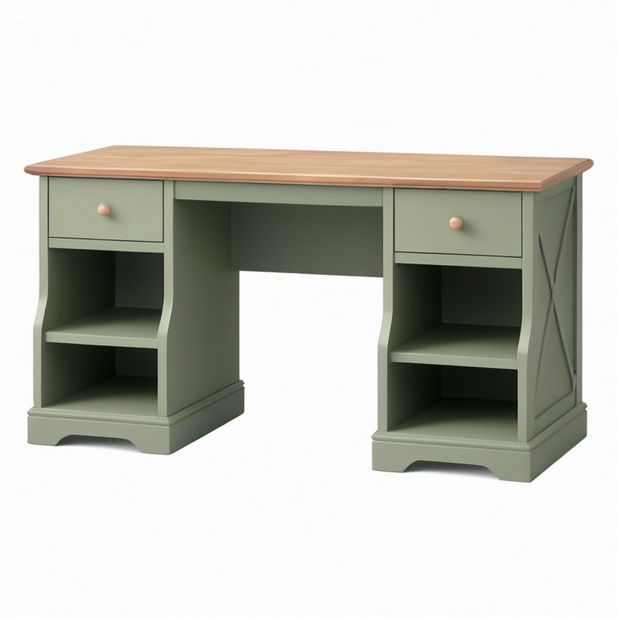 Bureau 140 x 60 x 75 cm en bois vert sauge et naturel avec rangements style classique