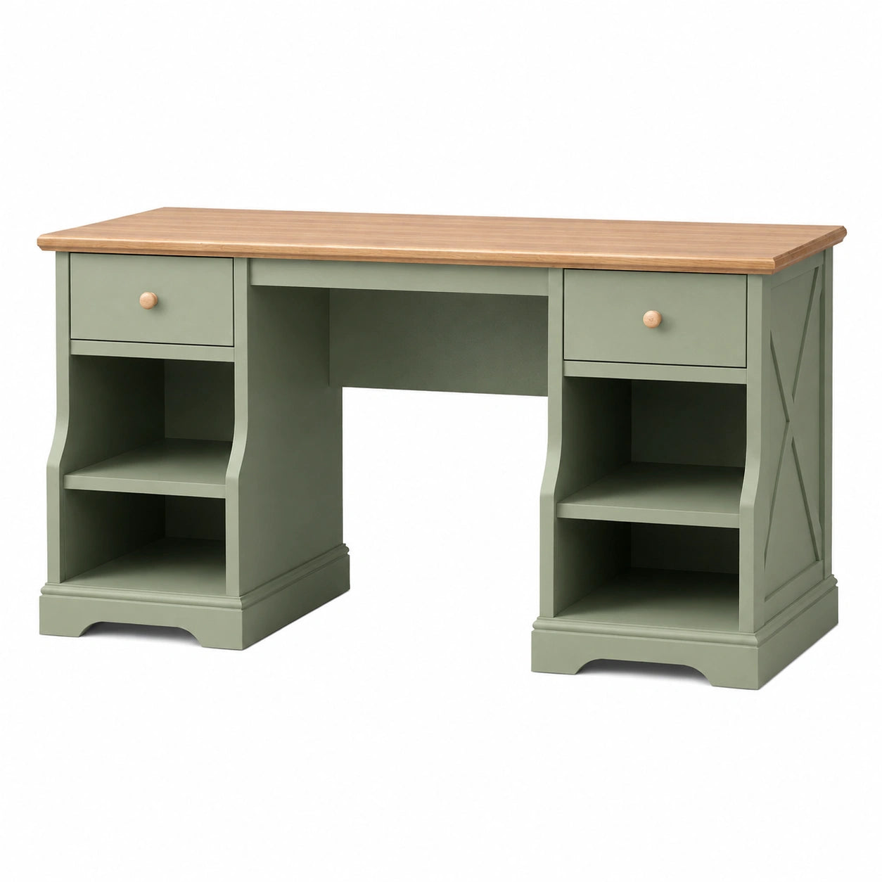 Bureau 140 x 60 x 75 cm en bois vert sauge et naturel avec rangements style classique