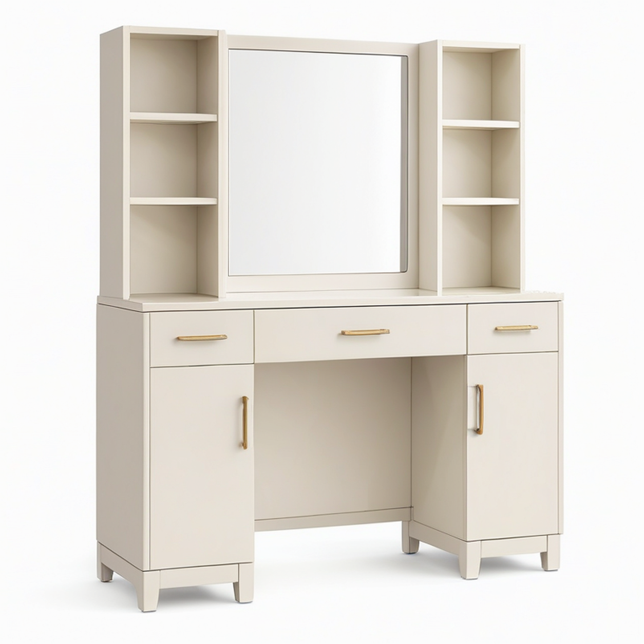 Coiffeuse 120 x 45 x 180 cm en panneaux de bois blanc cassé avec miroir et rangements style contemporain