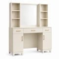 Coiffeuse 120 x 45 x 180 cm en panneaux de bois blanc cassé avec miroir et rangements style contemporain