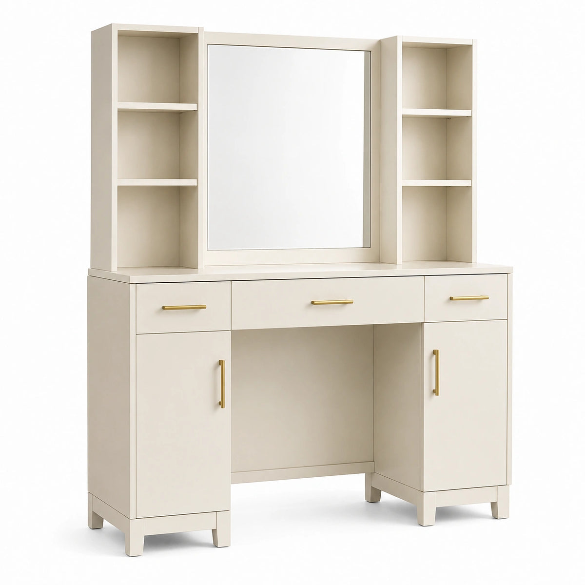 Coiffeuse 120 x 45 x 180 cm en panneaux de bois blanc cassé avec miroir et rangements style contemporain