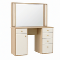 Table de maquillage 120 cm x 50 cm x 170 cm en bois beige et blanc avec miroir éclairé et rangements