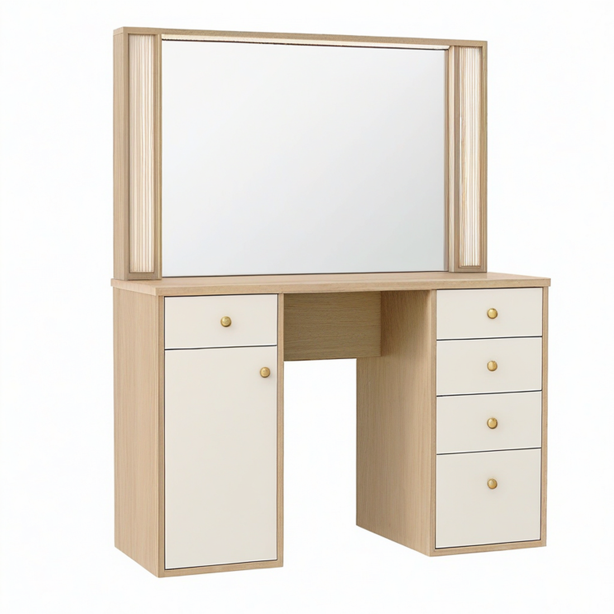 Table de maquillage 120 cm x 50 cm x 170 cm en bois beige et blanc avec miroir éclairé et rangements
