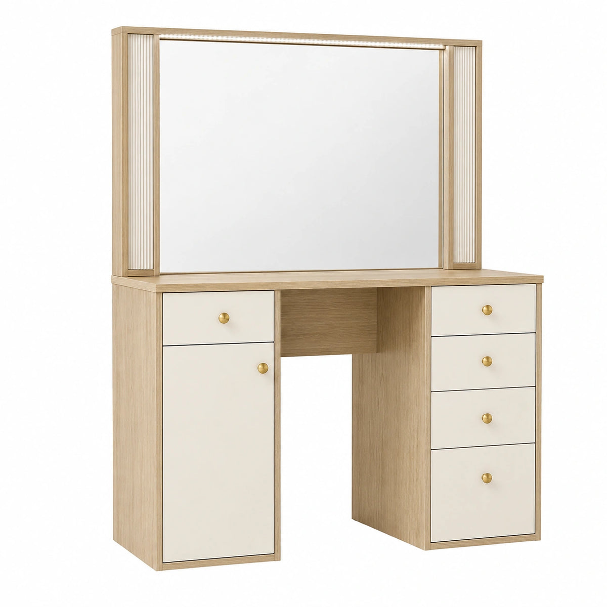 Table de maquillage 120 cm x 50 cm x 170 cm en bois beige et blanc avec miroir éclairé et rangements