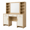 Coiffeuse 120 x 45 x 180 cm en panneaux de bois beige et blanc avec miroir rangements style moderne