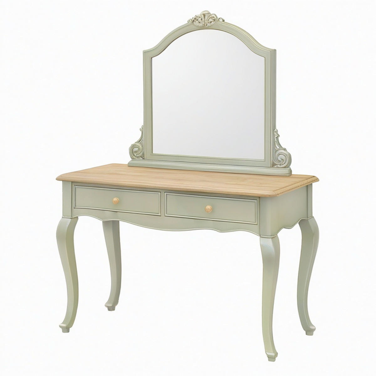 Coiffeuse avec miroir 100 x 45 x 156 cm en bois vert sauge style classique à 2 tiroirs