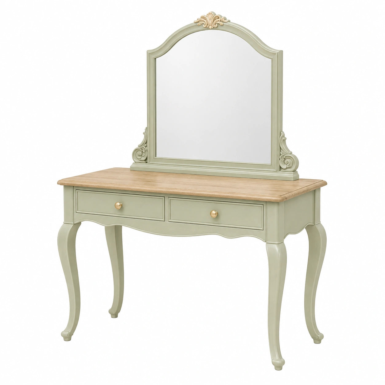 Coiffeuse avec miroir 100 x 45 x 156 cm en bois vert sauge style classique à 2 tiroirs