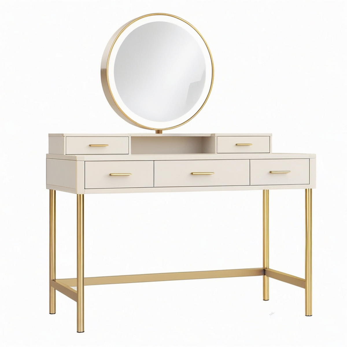 Coiffeuse 120 x 45 x 145 cm en bois blanc et métal doré avec miroir style contemporain