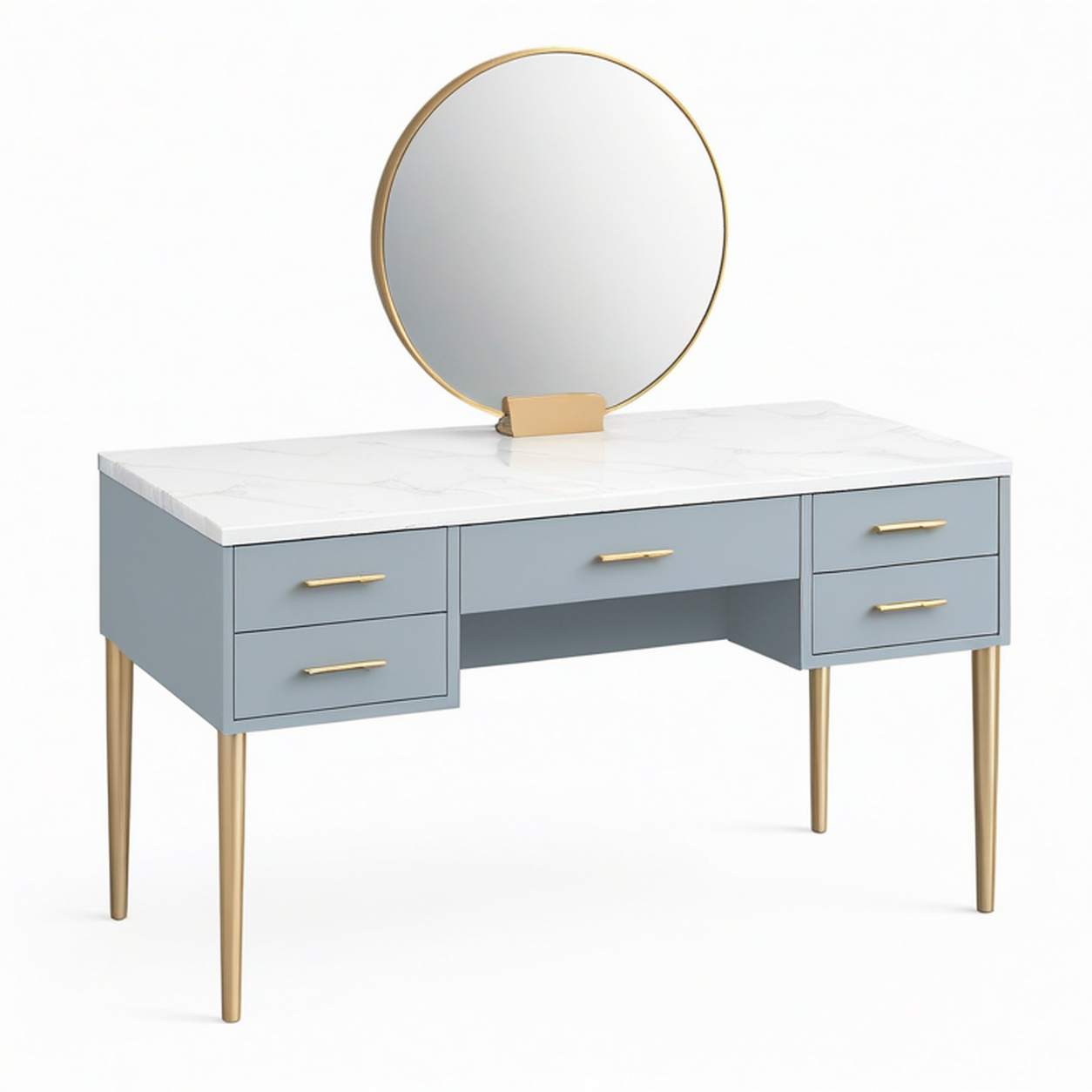 Coiffeuse 120 x 50 x 150 cm bleu gris et doré avec miroir rond et tiroirs