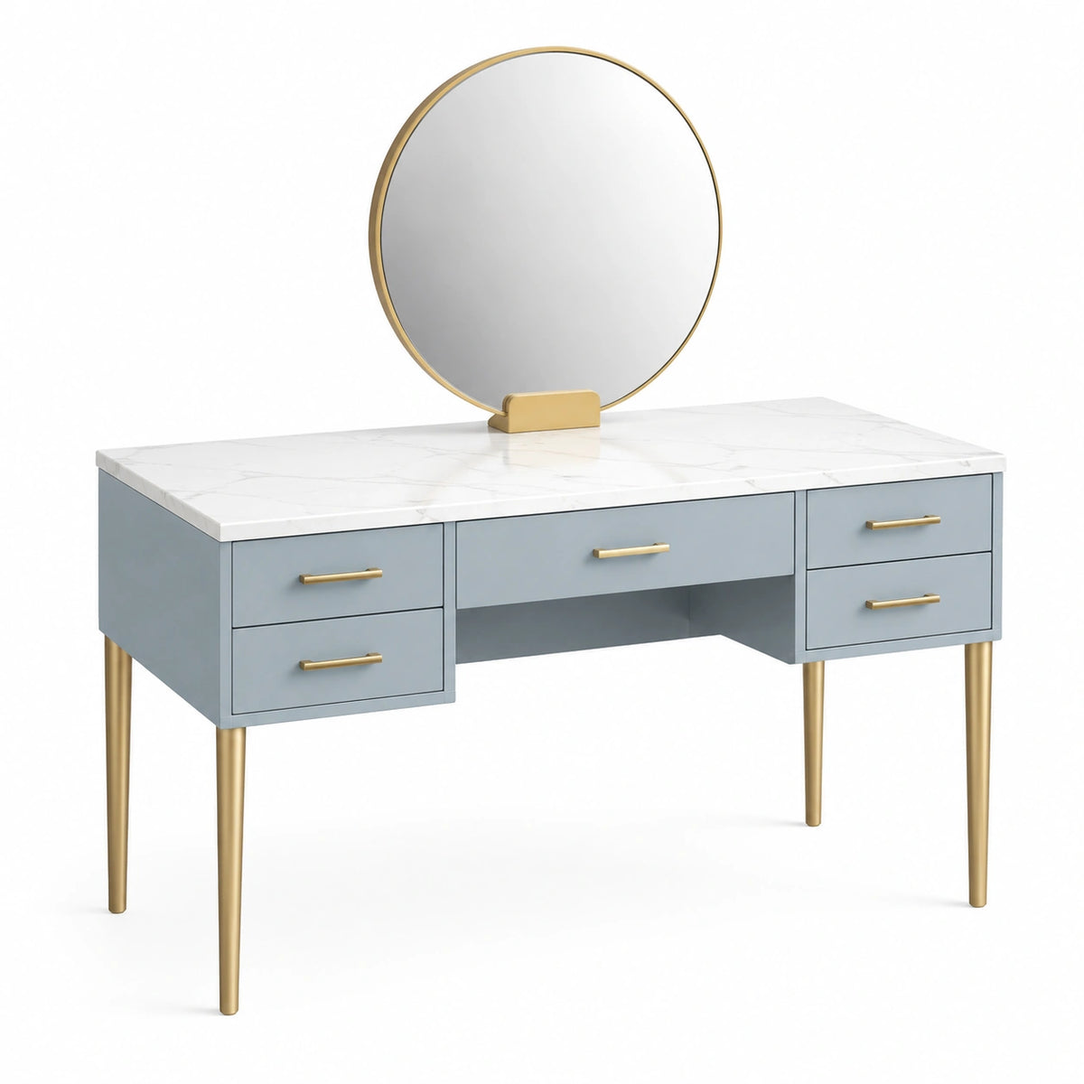Coiffeuse 120 x 50 x 150 cm bleu gris et doré avec miroir rond et tiroirs