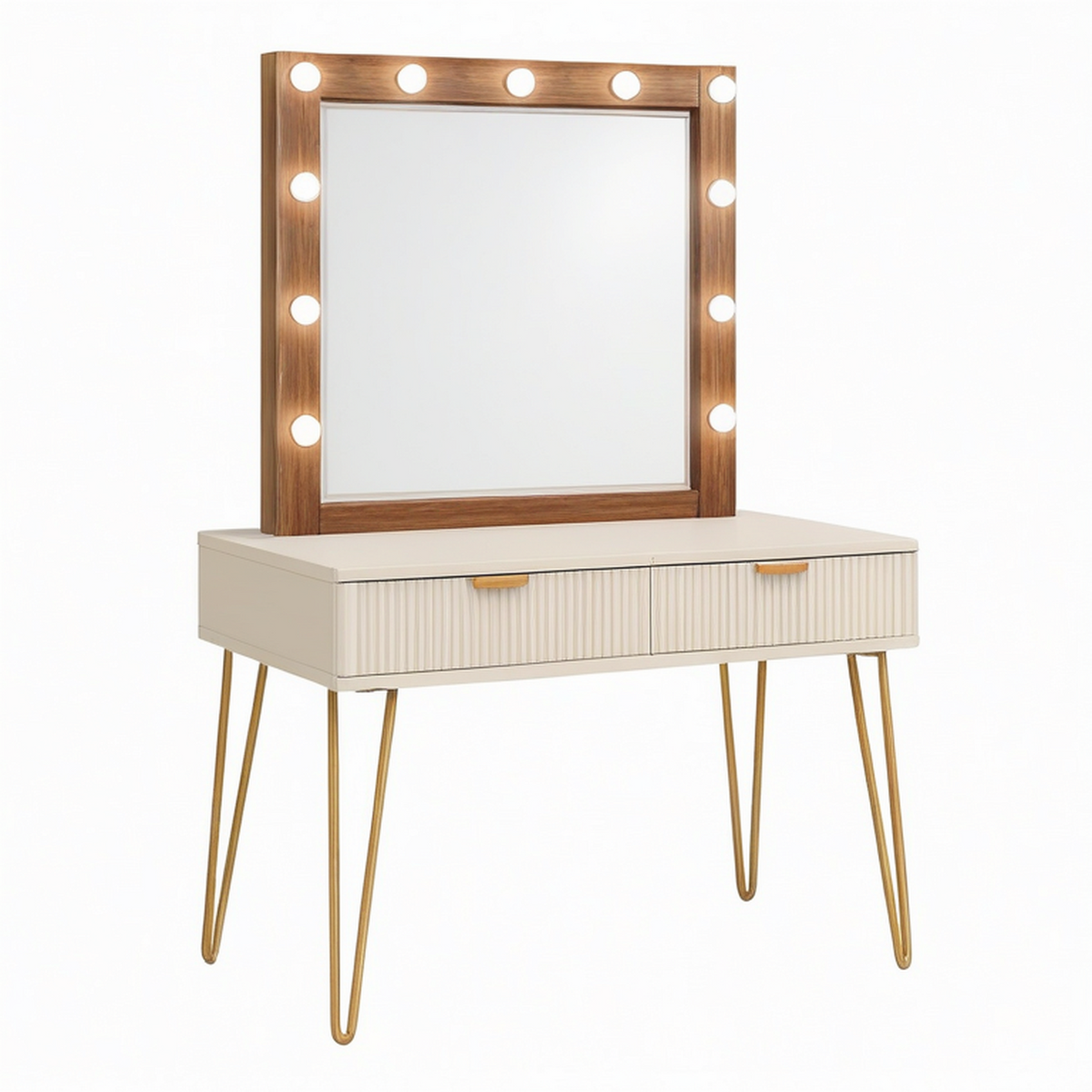 Coiffeuse 100 x 45 x 140 cm blanche et noyer avec miroir lumineux et 2 tiroirs