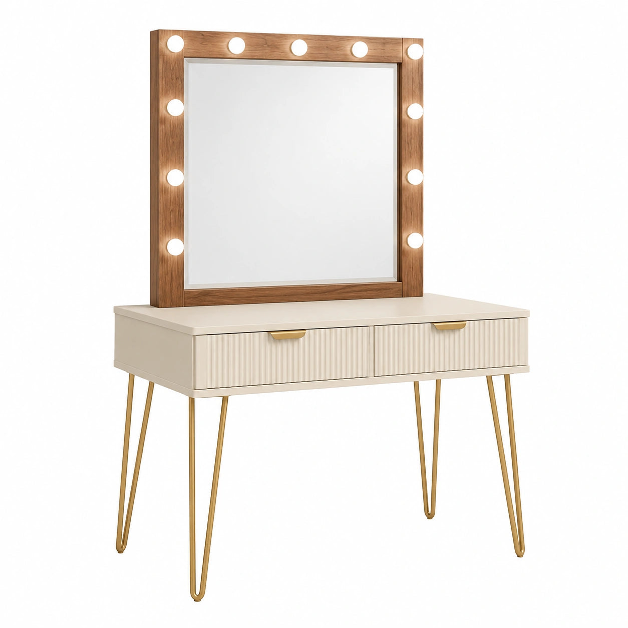 Coiffeuse 100 x 45 x 140 cm blanche et noyer avec miroir lumineux et 2 tiroirs