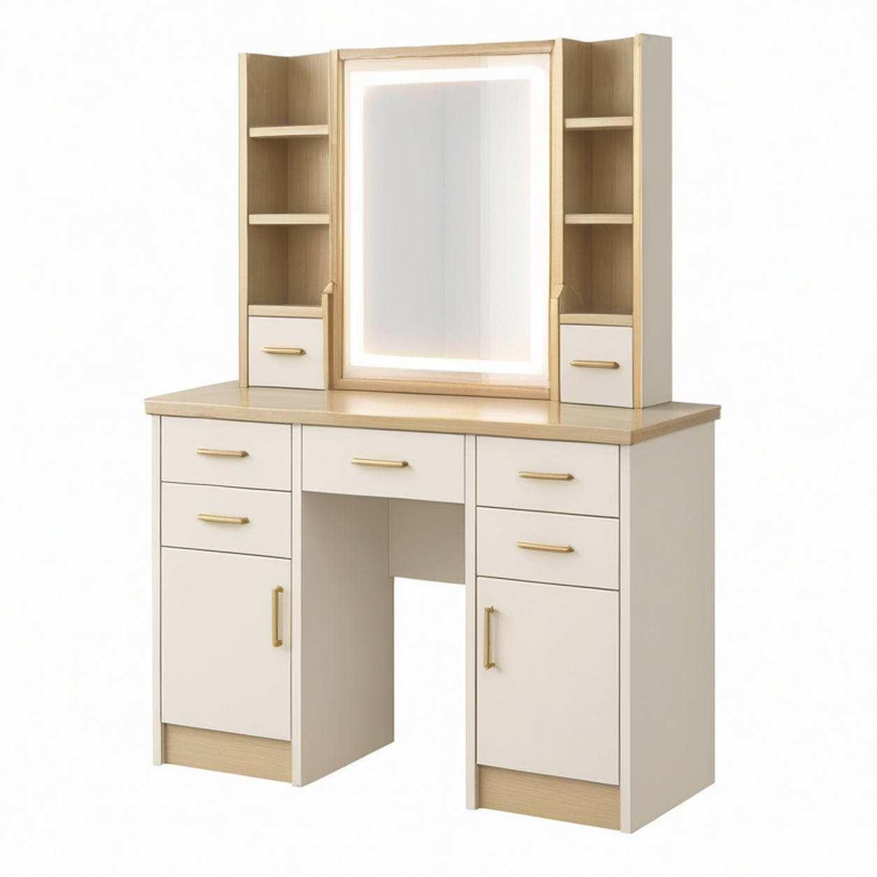 Coiffeuse 120 x 45 x 180 cm en panneaux de bois blanc et chêne avec miroir lumineux style contemporain