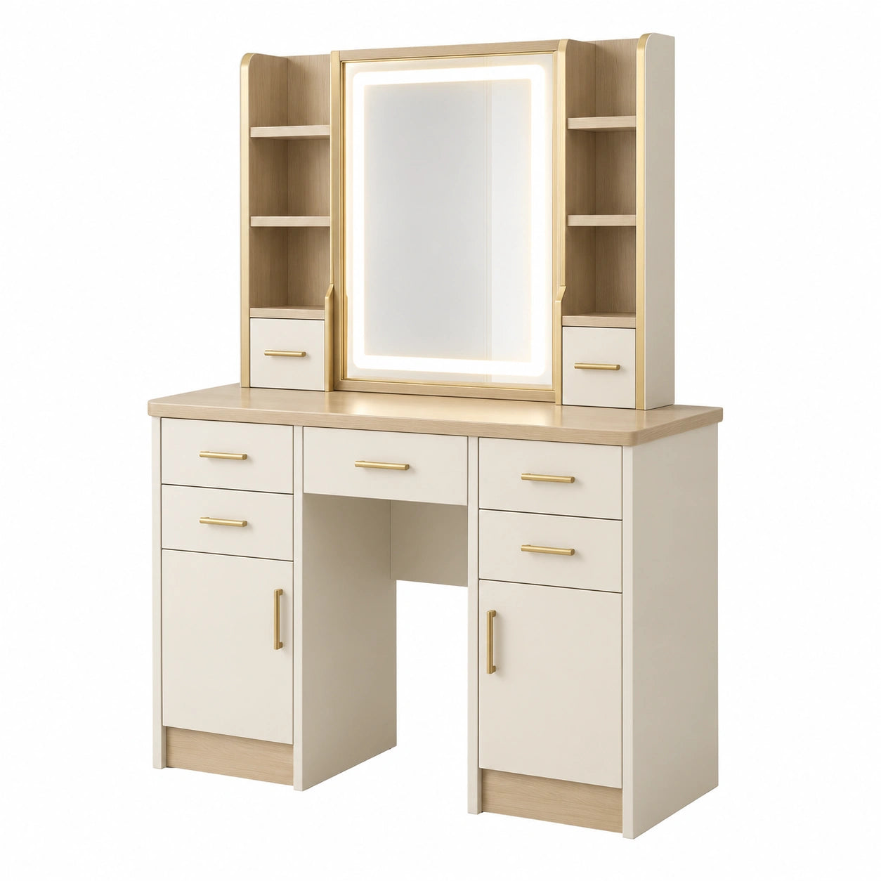 Coiffeuse 120 x 45 x 180 cm en panneaux de bois blanc et chêne avec miroir lumineux style contemporain