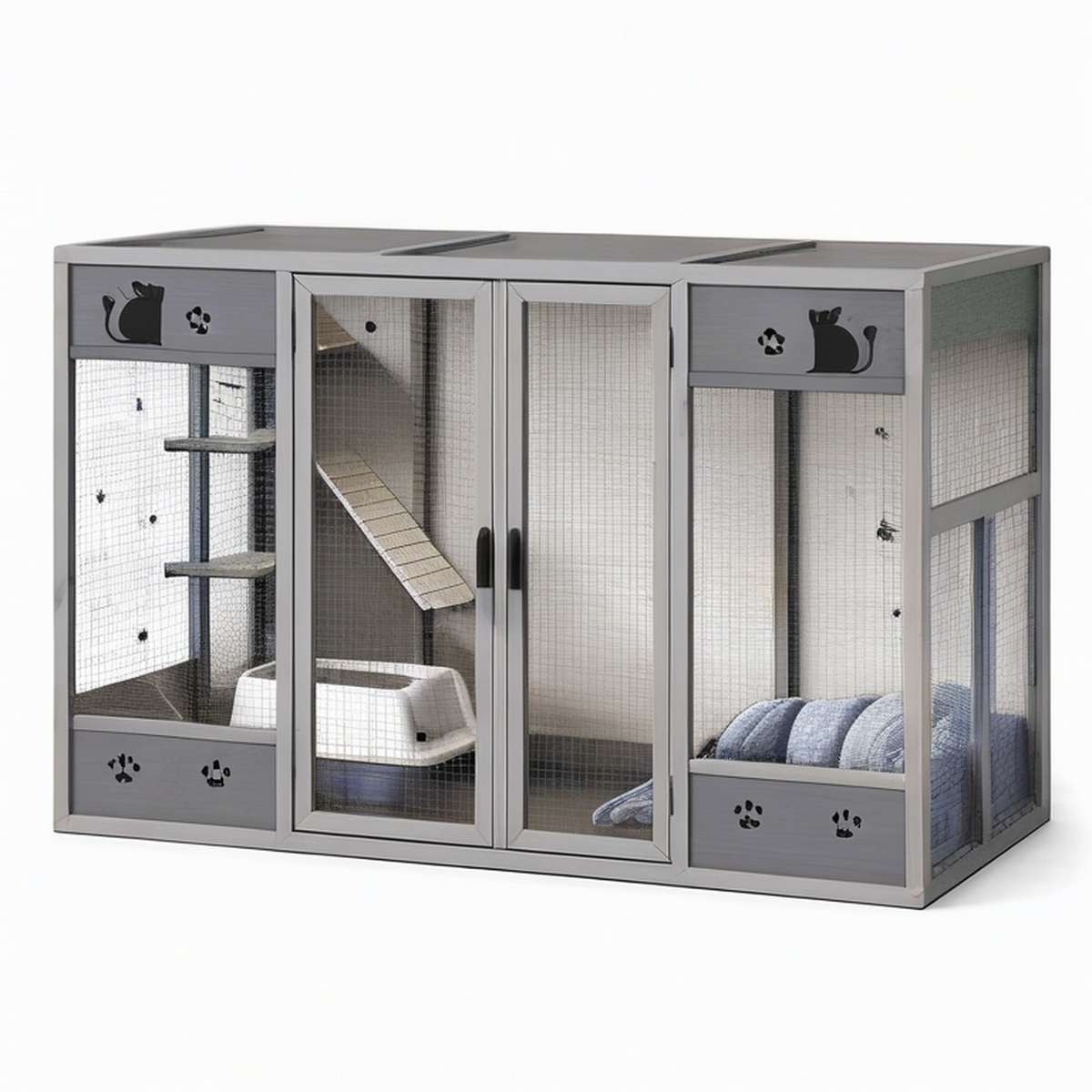 Enclos intérieur pour chat 180 x 90 x 120 cm en bois gris avec grillage et plateformes