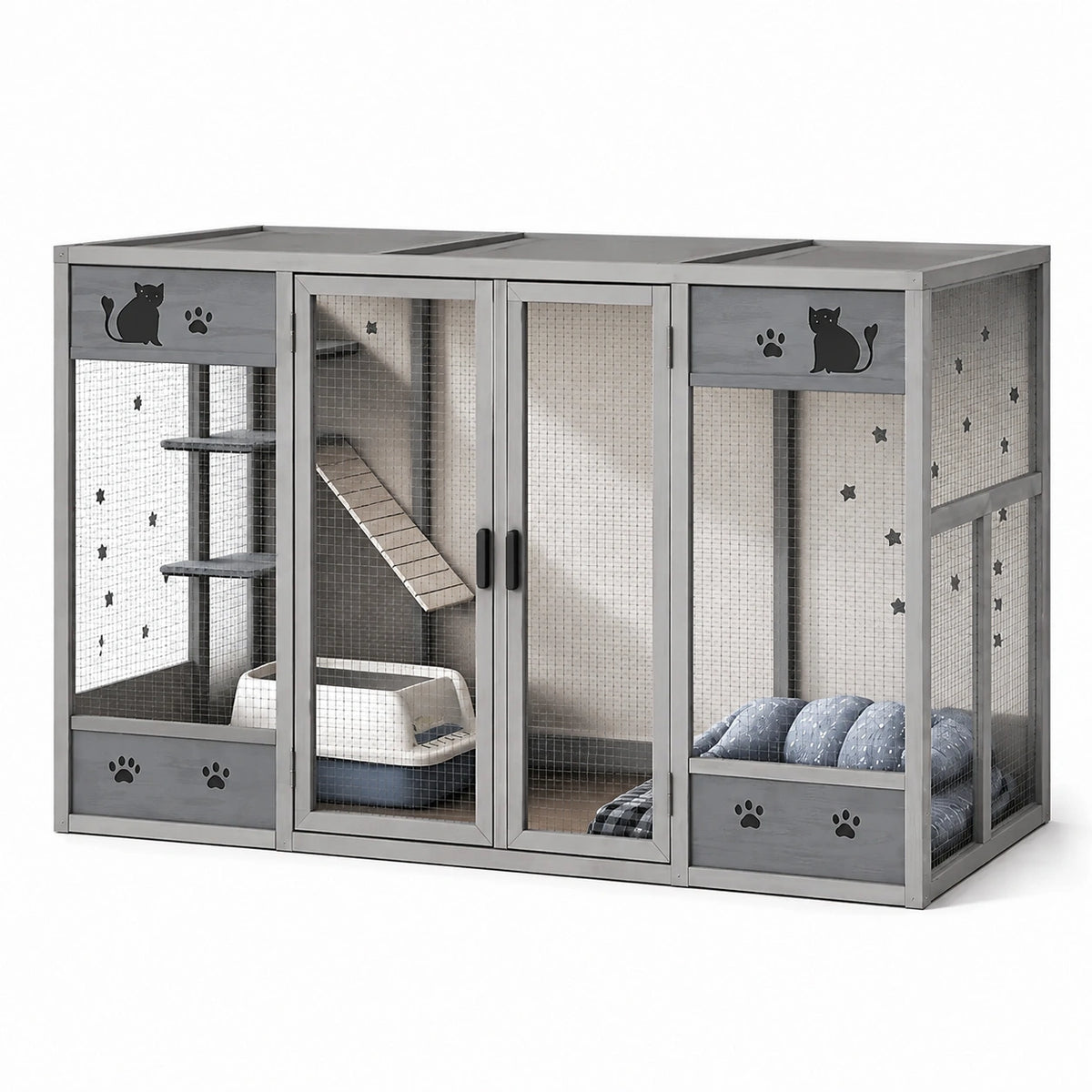 Enclos intérieur pour chat 180 x 90 x 120 cm en bois gris avec grillage et plateformes