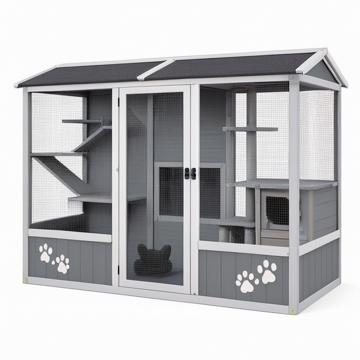 Enclos pour chat 180 x 80 x 180 cm en bois gris avec grillage et toit