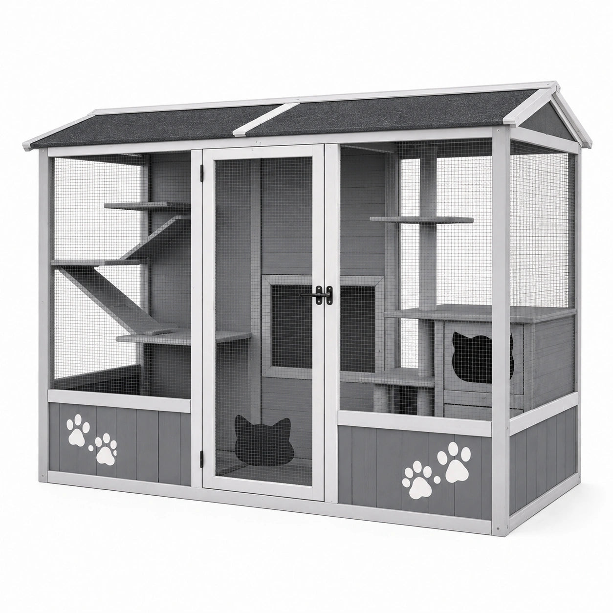 Enclos pour chat 180 x 80 x 180 cm en bois gris avec grillage et toit