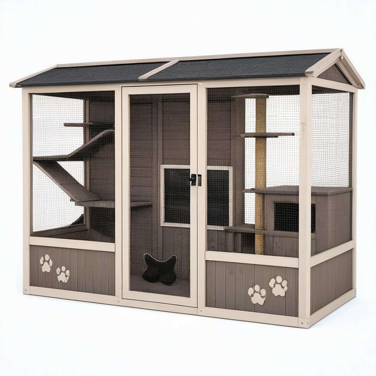 Enclos extérieur pour chat 180 x 90 x 180 cm en bois gris et beige avec grillage et plateformes