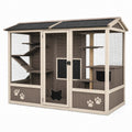 Enclos extérieur pour chat 180 x 90 x 180 cm en bois gris et beige avec grillage et plateformes