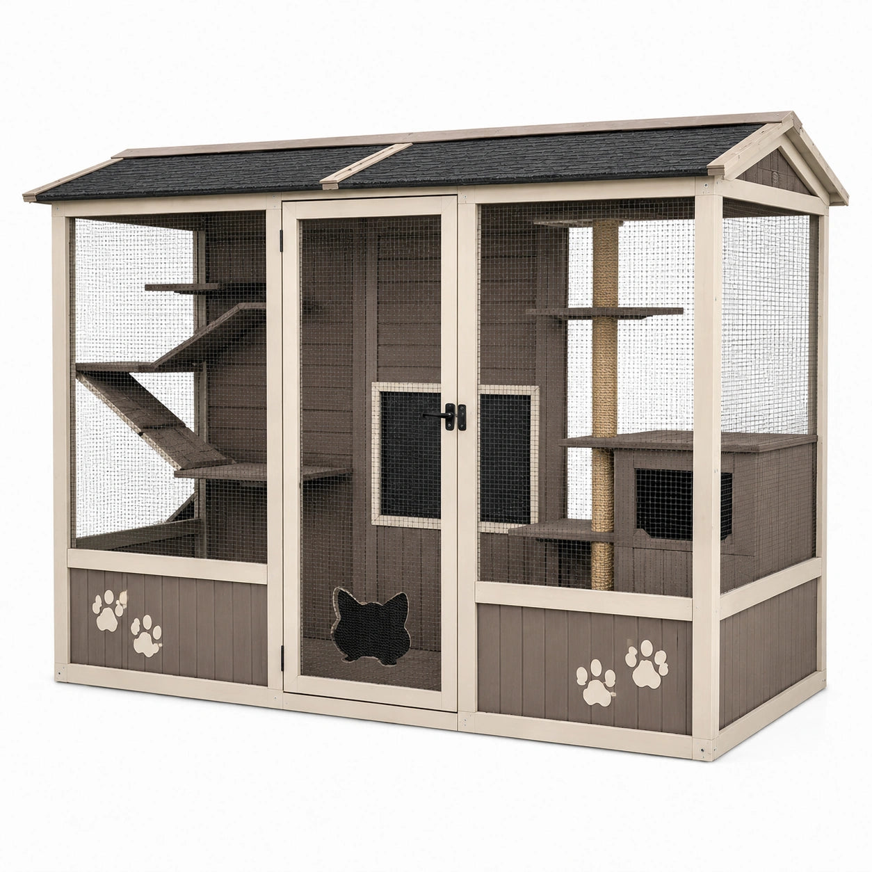 Enclos extérieur pour chat 180 x 90 x 180 cm en bois gris et beige avec grillage et plateformes