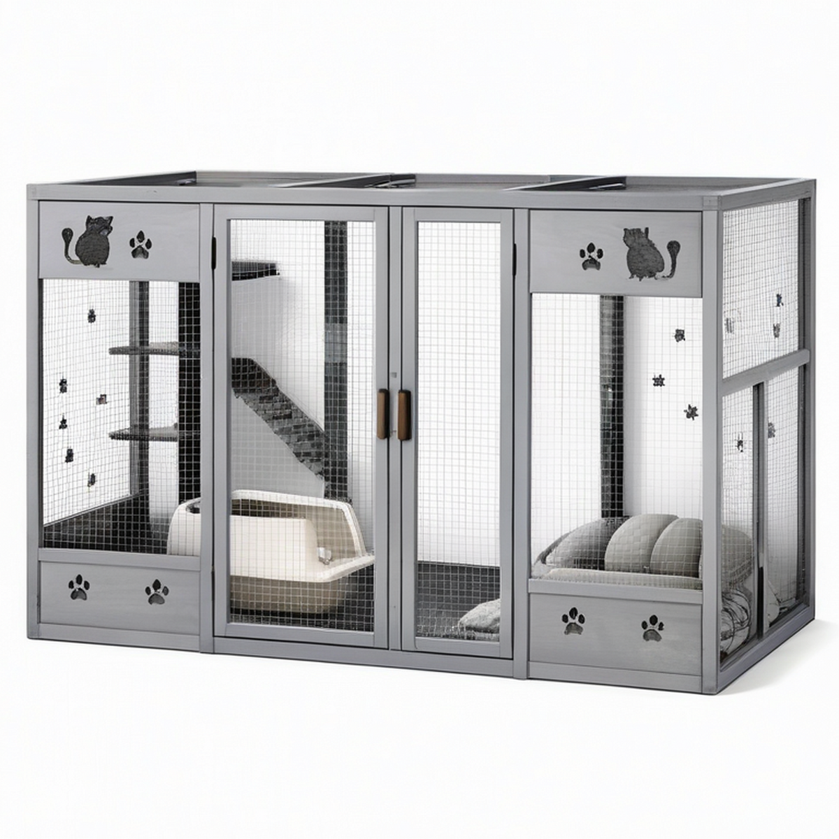 Parc pour chat 180 x 90 x 120 cm en bois et métal gris avec portes grillagées