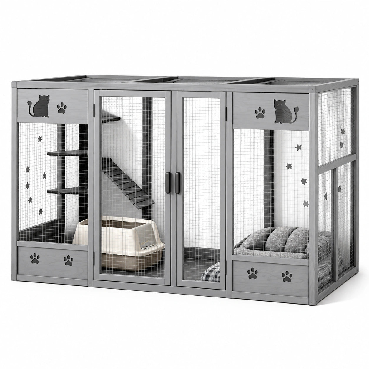 Parc pour chat 180 x 90 x 120 cm en bois et métal gris avec portes grillagées