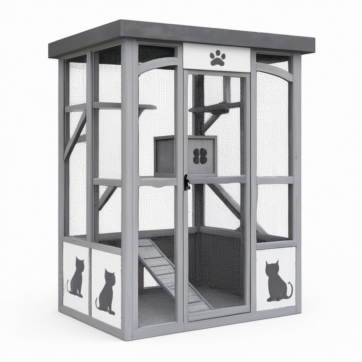 Enclos extérieur pour chat 100 x 80 x 180 cm en bois gris avec grillage et plateformes