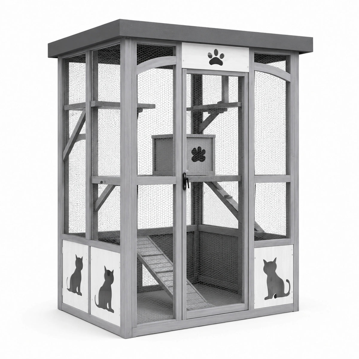 Enclos extérieur pour chat 100 x 80 x 180 cm en bois gris avec grillage et plateformes