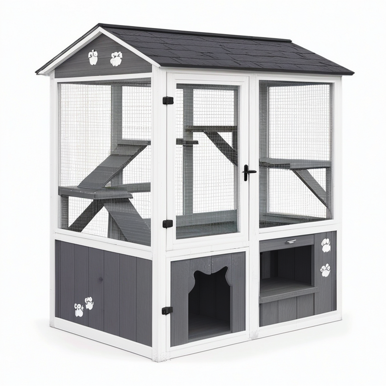 Enclos extérieur pour chat 120 x 60 x 180 cm en bois gris et blanc avec toit et plateformes