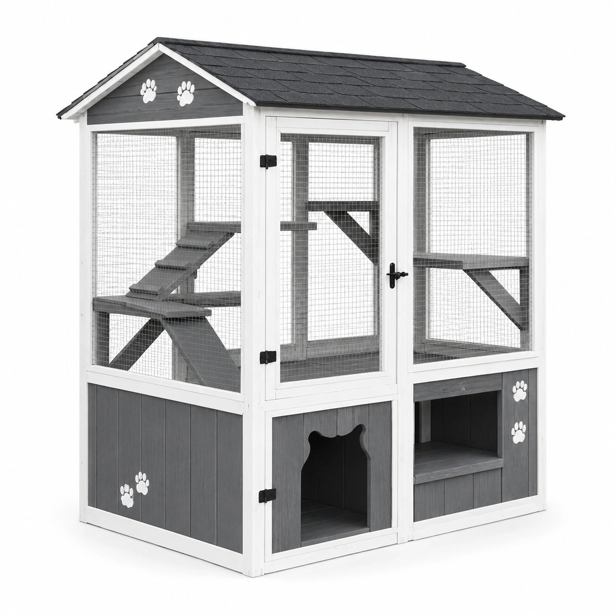 Enclos extérieur pour chat 120 x 60 x 180 cm en bois gris et blanc avec toit et plateformes
