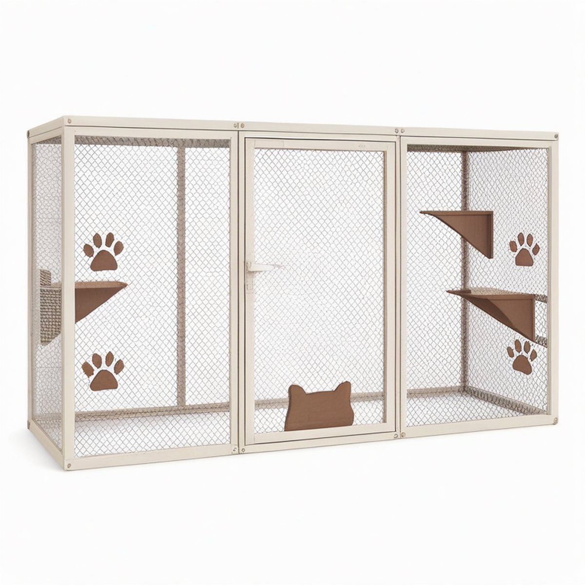Enclos pour chat 180 x 90 x 180 cm en métal beige avec plateformes en bois - intérieur modulable