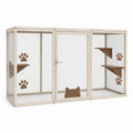 Enclos pour chat 180 x 90 x 180 cm en métal beige avec plateformes en bois - intérieur modulable