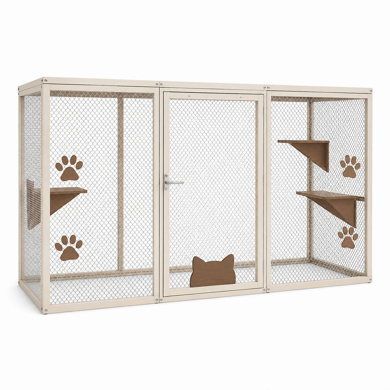 Enclos pour chat 180 x 90 x 180 cm en métal beige avec plateformes en bois - intérieur modulable