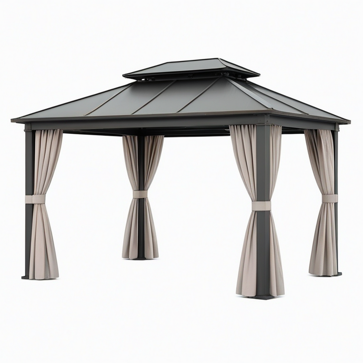 Tonnelle de jardin 300 x 300 cm en métal anthracite avec rideaux beiges toit ventilé