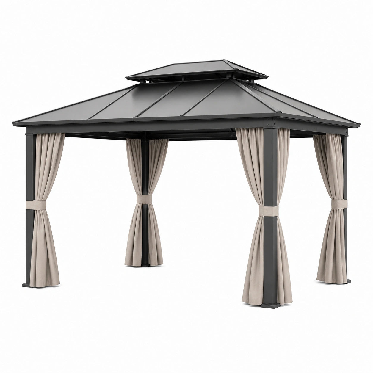 Tonnelle de jardin 300 x 300 cm en métal anthracite avec rideaux beiges toit ventilé