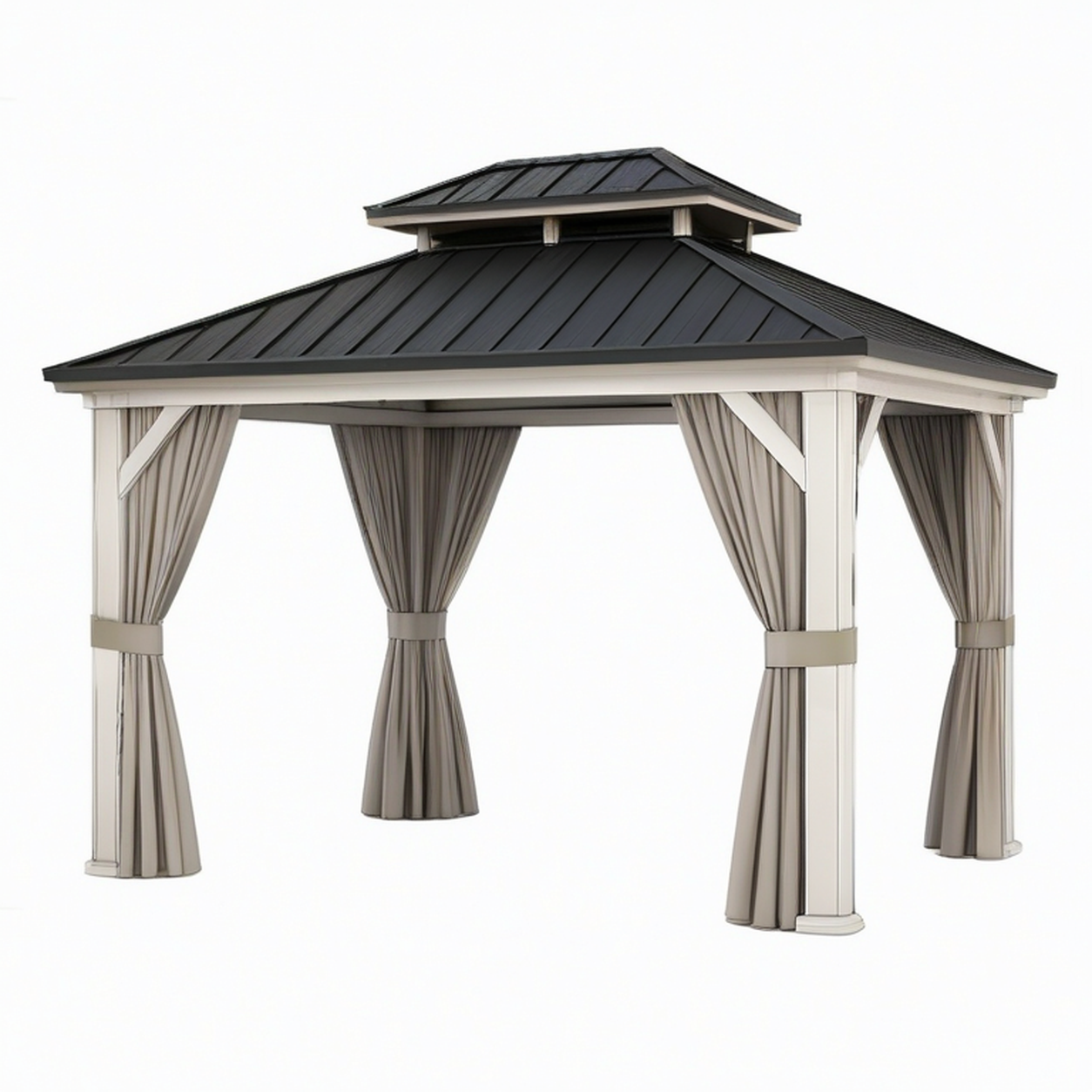Pavillon de jardin 300 x 300 cm aluminium blanc avec toit métallique noir et rideaux extérieur