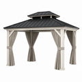 Pavillon de jardin 300 x 300 cm aluminium blanc avec toit métallique noir et rideaux extérieur
