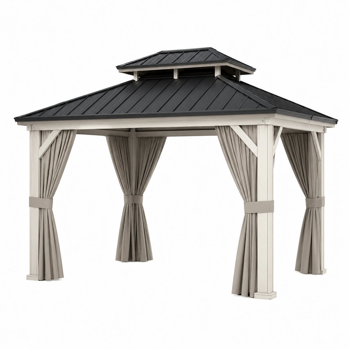 Pavillon de jardin 300 x 300 cm aluminium blanc avec toit métallique noir et rideaux extérieur