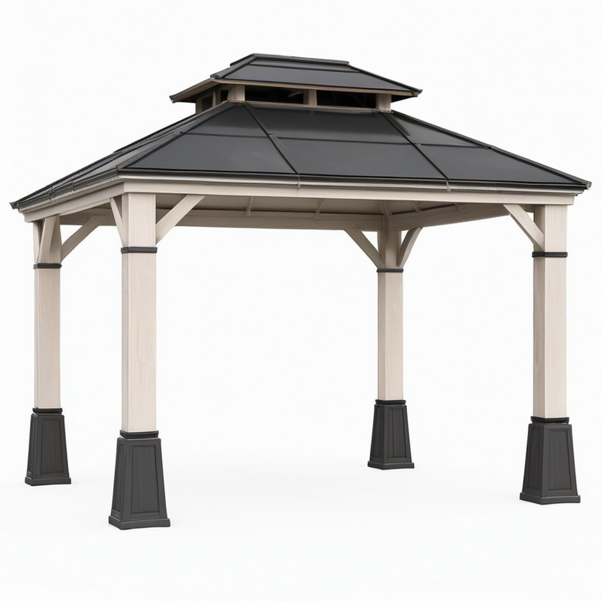 Tonnelle de jardin 300 x 300 x 320 cm en bois beige et toit métallique noir style pavillon