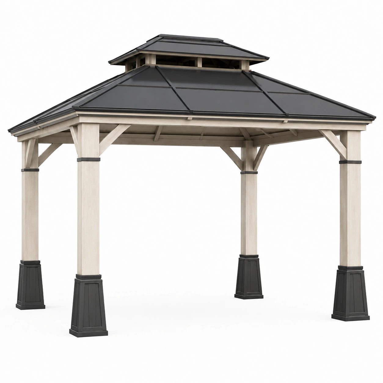Tonnelle de jardin 300 x 300 x 320 cm en bois beige et toit métallique noir style pavillon