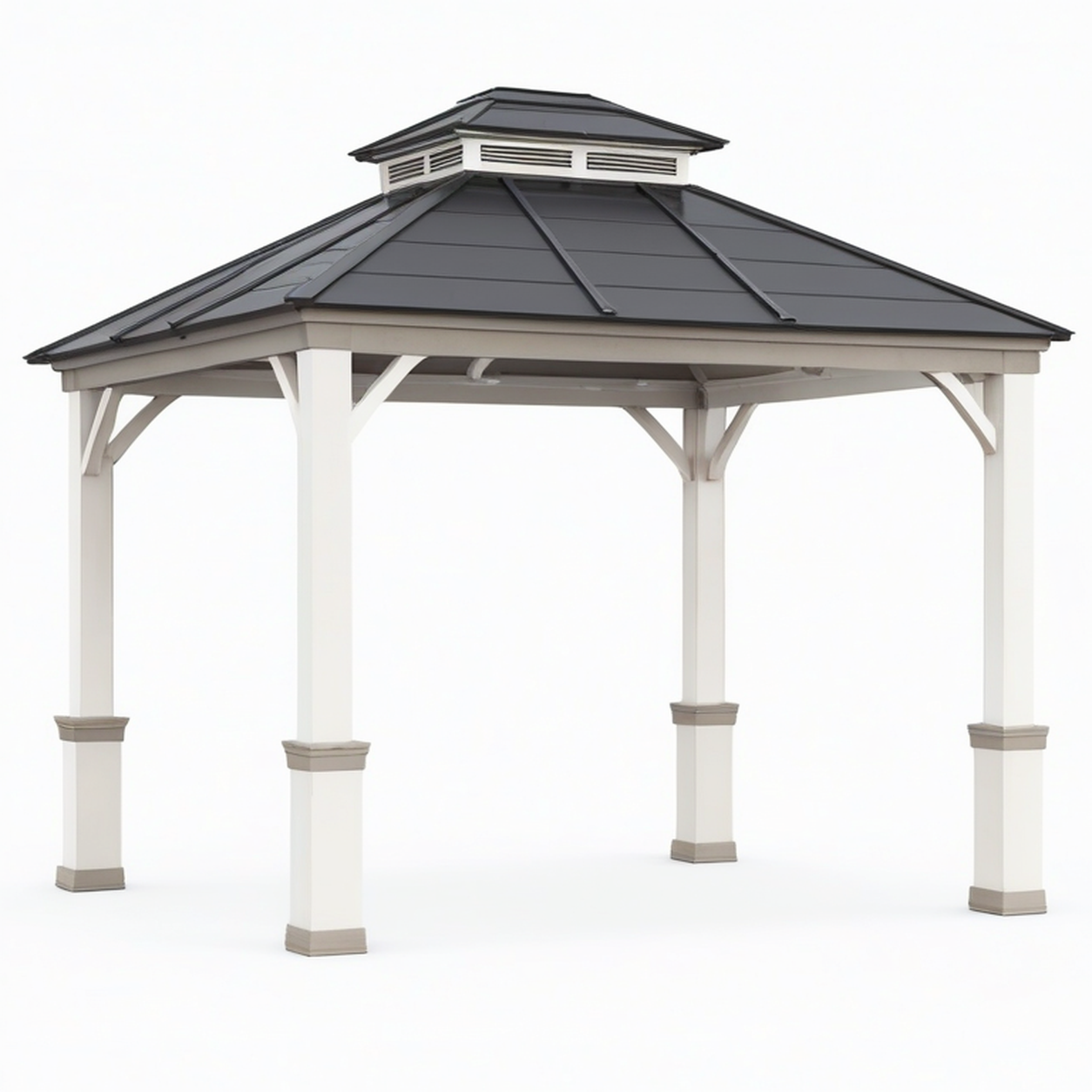 Tonnelle de jardin 400 x 400 cm en bois blanc avec toit en métal anthracite style pavillon