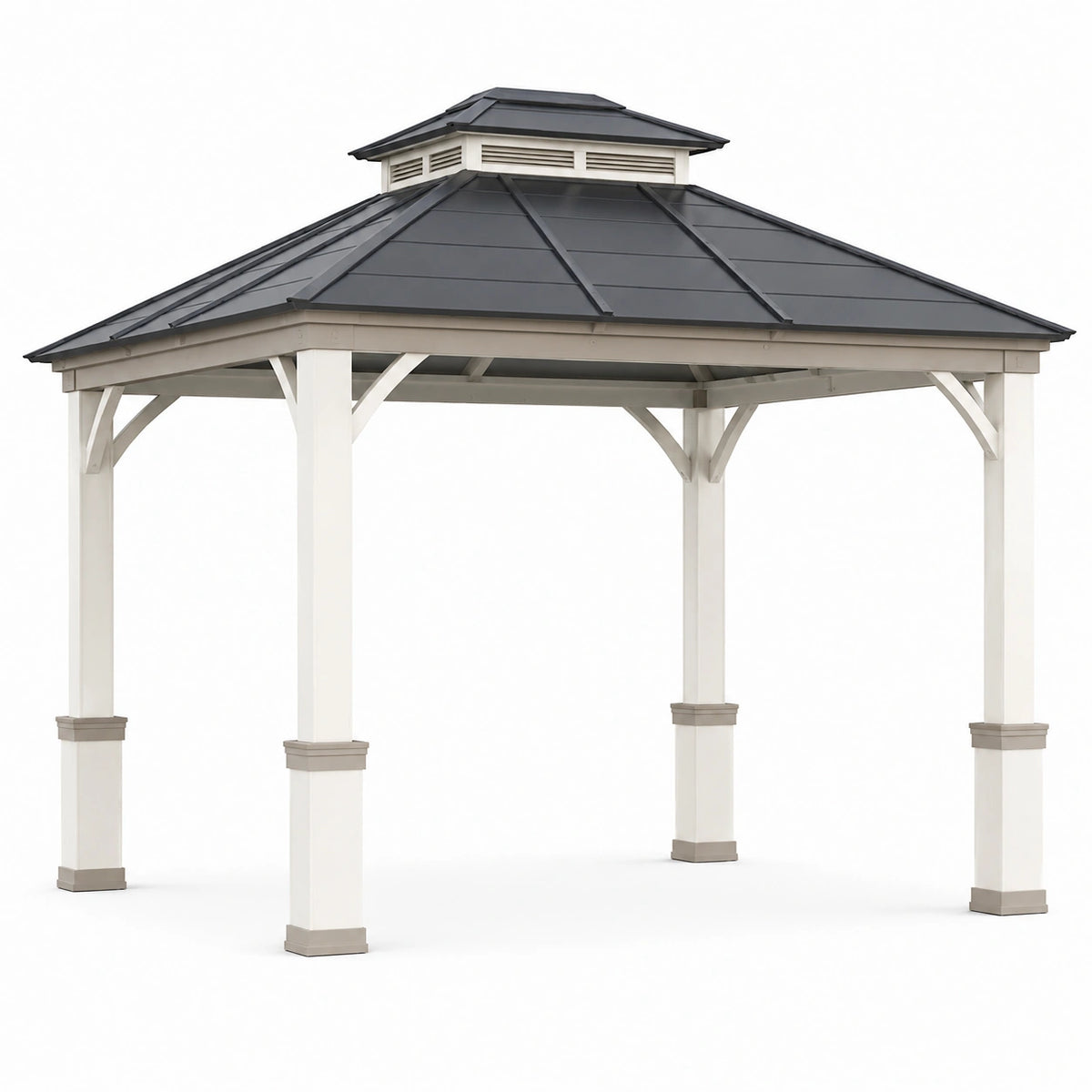 Tonnelle de jardin 400 x 400 cm en bois blanc avec toit en métal anthracite style pavillon