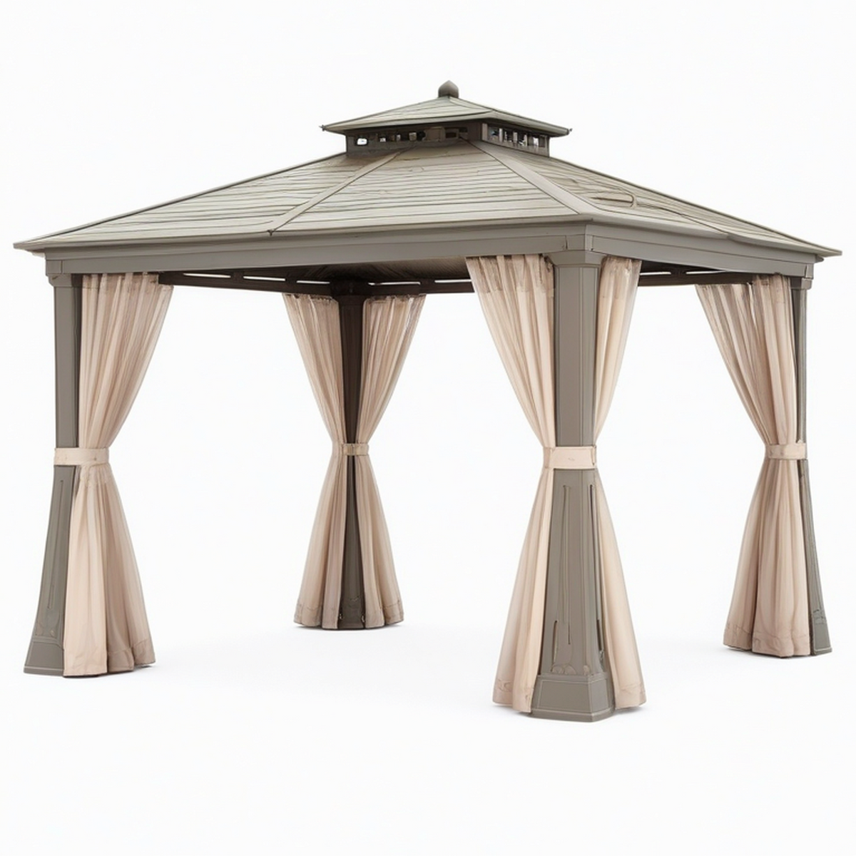 Tonnelle de jardin 300 x 300 x 290 cm en acier gris avec rideaux beiges et toit ventilé
