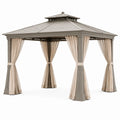 Tonnelle de jardin 300 x 300 x 290 cm en acier gris avec rideaux beiges et toit ventilé