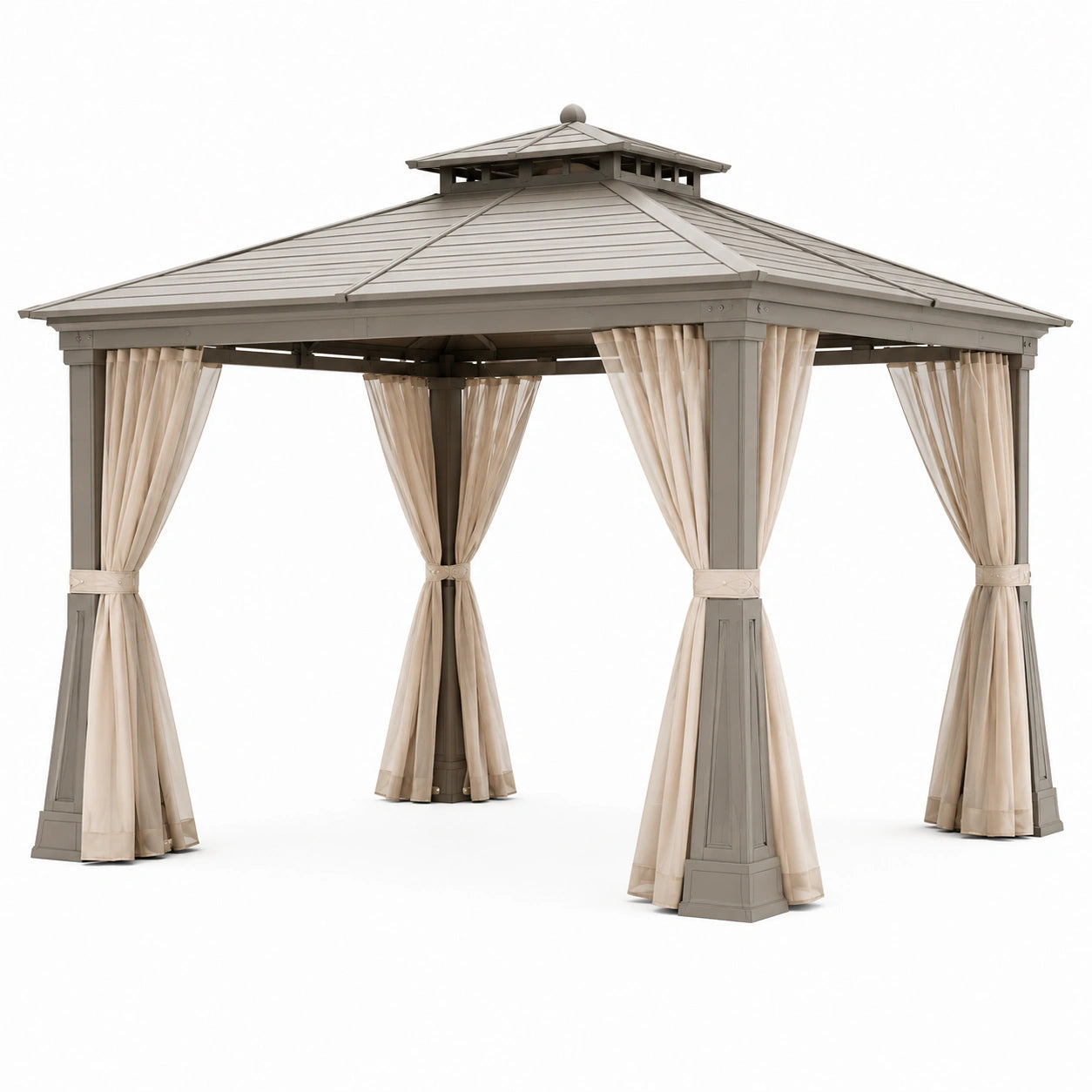 Tonnelle de jardin 300 x 300 x 290 cm en acier gris avec rideaux beiges et toit ventilé